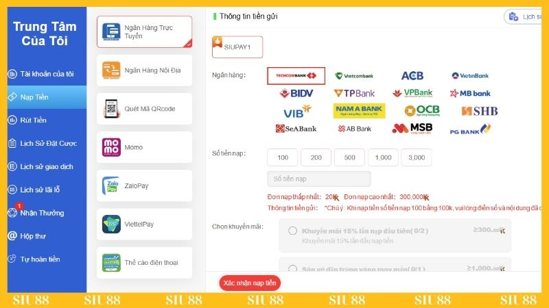 Một số phương thức nạp tiền Siu88